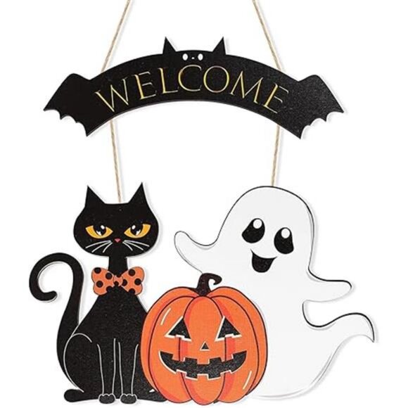 Pumpkin Black Cat Wreaths Sign Hanging for Home Wall Decor Front Door Sign - Picture 8 of 8